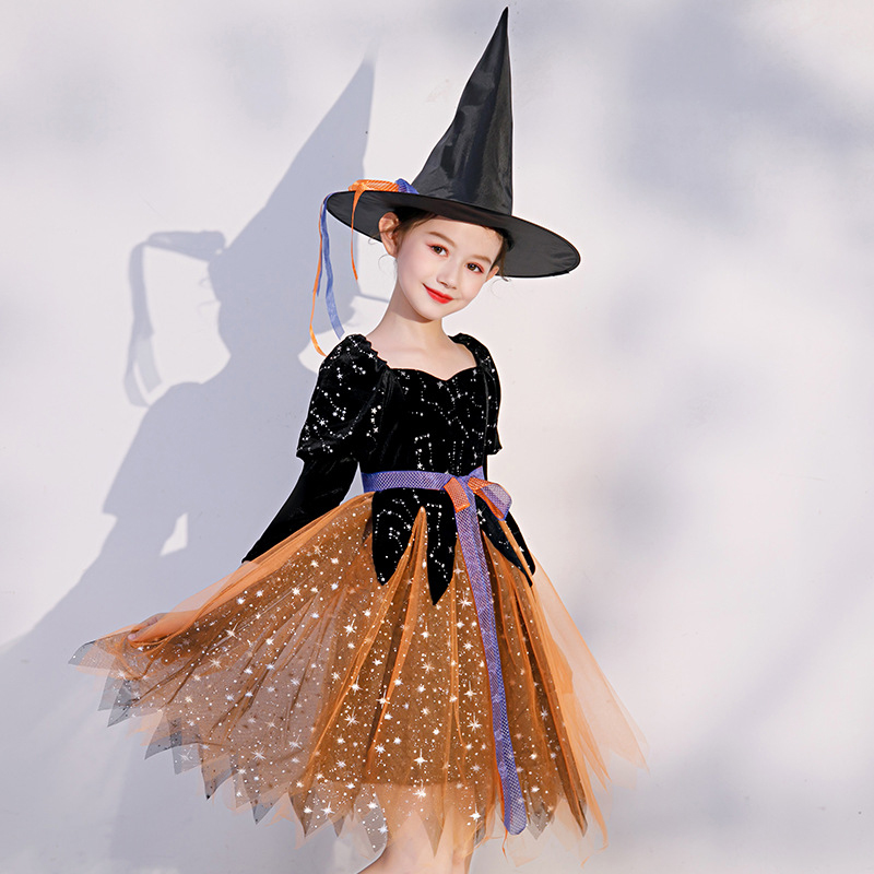 2 PCS Costume Halloween Cospaly Carnival Party Witch Sequins Tutu Dress With Hat