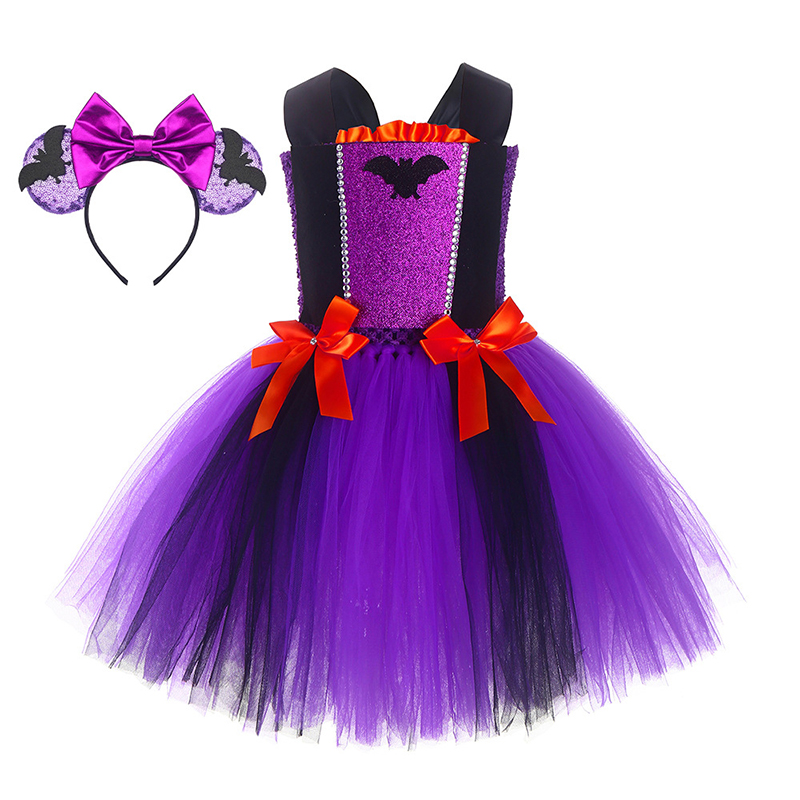 Purple Bat Witch Costume Halloween Cospaly Carnival Party Toddler Girls Tutu Dress With Headband