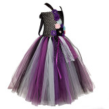 3 PCS Maleficent Witch Costume Halloween Full-Length Straight Tulle Tutu Lace Party Girl Dress With Headband