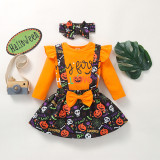 My First Halloween Print Pumpkin Skull Ghost Patterns Printed Strap Dress With Headdress Three Piece Set