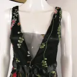 Women Deep V Black Mesh Embroidery Formal Dress Backless Sleeveless Maxi Dress