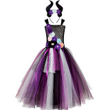 3 PCS Maleficent Witch Costume Halloween Full-Length Straight Tulle Tutu Lace Party Girl Dress With Headband