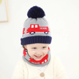 Kids 2 Pieces Woolen Knitted Hat and Scarf Cars Printed Outdoor Winter Warm Hat