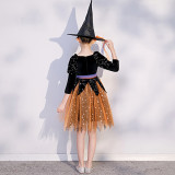 2 PCS Costume Halloween Cospaly Carnival Party Witch Sequins Tutu Dress With Hat