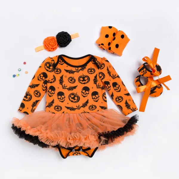Halloween Pumpkin Ghost Bat Witch Hat Patterns Printed Orange Tutu Dress Four Piece Set