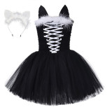 Sexy Cat Black Mesh Dress Girls Masquerade Costume Halloween Cospaly Carnival Party Tutu Dress With Lace Headband