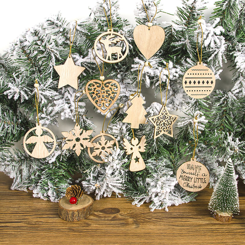 Christmas 12 Pieces Wood Hollow Out Heart and Snowflake Christmas Ornament Decoration