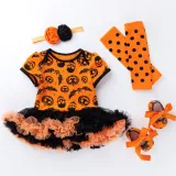 My 1st Halloween Print Pumpkin Skull Patterns Printed Dress Four Piece Set