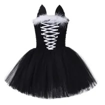 Sexy Cat Black Mesh Dress Girls Masquerade Costume Halloween Cospaly Carnival Party Tutu Dress With Lace Headband