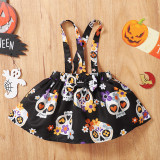 Halloween The Boo Pumpkin Patterns Printed Suspender Skirt With Head Scarf Three Piece Set