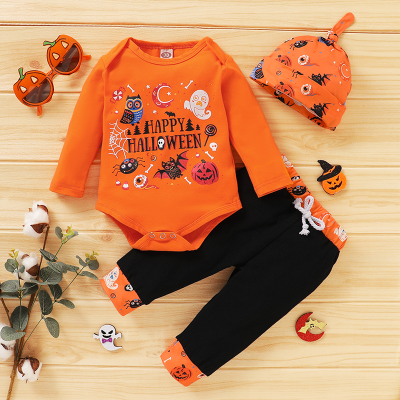 Happy Halloween Print Pumpkin Patterns Printed Romper Three Piece Suit
