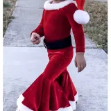 Christmas Red And Green Vintage Long Sleeve Flare Bottom Velvet Santa Costume Cosplay Set