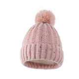 Kids Woolen Knitted Solid Color Hat with Plush Ball Outdoor Winter Warm Hat