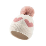 Baby Woolen Knitted Heart Printed Hat with Plush Ball Outdoor Winter Warm Hat