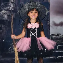 2 PCS Cool Witch Black Rose Costume Halloween Cospaly Carnival Party Toddler Girls Tutu Dress Set