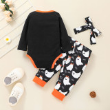 Baby Boo Ghost Patterns Printed Romper Trousers Headdress Three Piece Suit