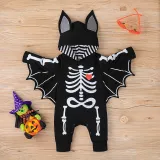 Skull Patterns Printed Baby Long Sleeve Bat Bodysuit Set With Hat