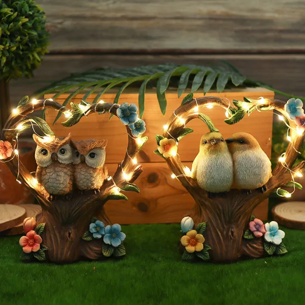 Home Solar Light Garden Love Couple Birds and Owls Ornament Resin Craft Figure Statue