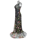 Women Deep V Black Mesh Embroidery Formal Dress Backless Sleeveless Maxi Dress