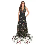 Women Deep V Black Mesh Embroidery Formal Dress Backless Sleeveless Maxi Dress