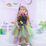 2 PCS Peacock Feather Costume Halloween Cospaly Carnival Party Toddler Girls PrincessTutu Dress Sleeveless Dream Outfit With Headband