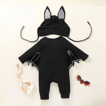 Baby Pure Black Long Sleeve Bat Hooded Bodysuit Set With Hat