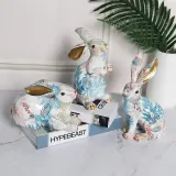Home Ornament Painted Flower Rabbit Desktop Craft Ornament Resin Figure Statue