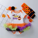 My 1st Halloween Print Pumpkin Patterns Printed Polka Dots Dress Four Piece Set