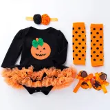 Halloween Pumpkin Ghost Bat Witch Hat Patterns Printed Orange Tutu Dress Four Piece Set