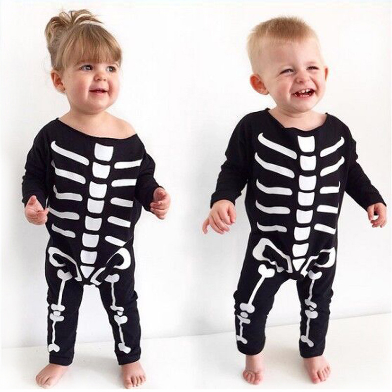 Black And White Skull Patterns Printed Long Sleeve One Piece Baby Suit