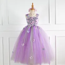 2 PCS Long Petal Sling Girls Dress Halloween Cospaly Carnival Party Princess Fancy Tutu Dress With Headband