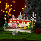 LED Light Up Christmas Wooden Crafts Bus with Gnomes and Xmas Tree Christmas Ornament