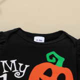 My 1st Halloween Print Pumpkin Patterns Printed Shirt With Polka Dots Trousers Headdress Three Piece Set