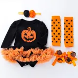 Halloween Pumpkin Ghost Bat Witch Hat Patterns Printed Orange Tutu Dress Four Piece Set