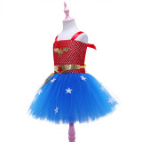 3 PCS Star Red Blue Costume Halloween Cospaly Carnival Party Toddler Girls Princess Ballet Dress Tutu Dress Sleeveless With Headband