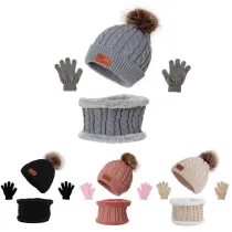 Kids 3 Pieces Woolen Knitted Hat Scarf and Gloves Set Outdoor Winter Warm Hat