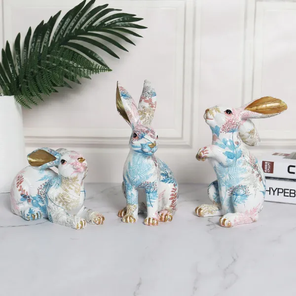 Home Ornament Painted Flower Rabbit Desktop Craft Ornament Resin Figure Statue