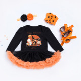 Halloween Pumpkin Ghost Bat Witch Hat Patterns Printed Orange Tutu Dress Four Piece Set