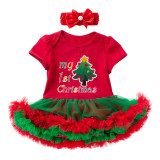 Christmas Tree Santa Deer Snowflake Printed Tutu Dress With Headdress Two Piece Set