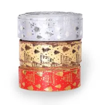Merry Christmas 3 Rolls Set Plaid Metallic Ribbon Satin Xmas Gift Strap and Christmas Tree Decor