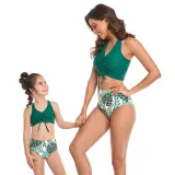 Matching Family Swimsuit Mom and Me Drawstring Hight Waist Palm Leaves Bikinis