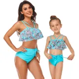 Mom and Me Flowers Off The Shoulders Drawstring High Waist Halter Bikinis Set