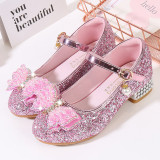 Girls Princess Glitter Sequins Bowknot Rough Heel Dress Shoes