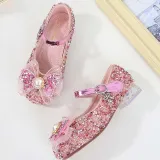 Girls Princess Glitter Sequins Mesh Pearl Bow Soft Soled Flat Dress Shoes