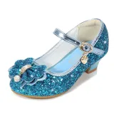Girls Princess Glitter Sequins Bowknot Pearl Rough Heel Dress Shoes