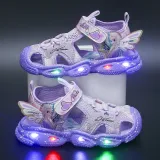 Kids Girl Cut Out Lace Up Velcro LED Light Sports Sadals