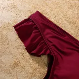 Matching Family Swimsuit Mom and Me Wine Red Ruffle Padded One Piece Swimwear