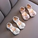 Girls Princess Glitter Sequins Pearl Bow Soft Flat Soled Dress Shoes