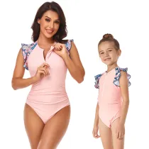 Matching Family Swimsuit Mom and Me Drawstring High Waist Halter Ruffles One Piece Swimwear