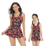 Matching Family Swimsuit Palm Leaves Prints Hight Waist Mom and Me Swimwear
